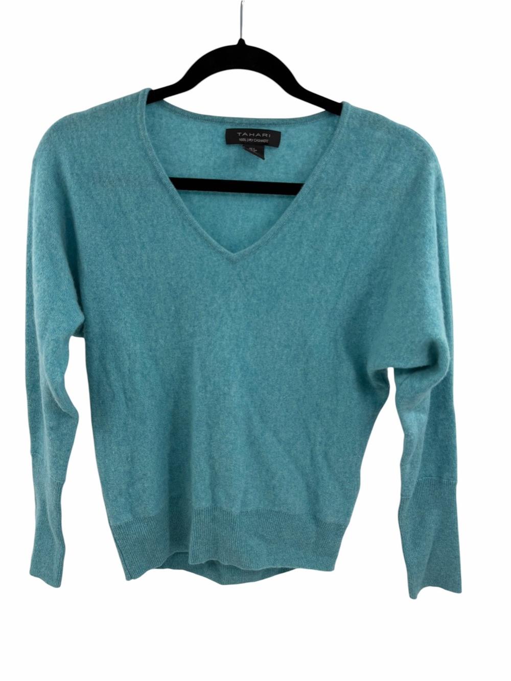 Tahari 100% Cashmere Turquoise‎ V-Neck 3/4 Sleeve Women's Sweater Small